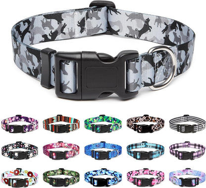 Mercano Adjustable Dog Collar - Special Design Patterns, Soft Nylon Comfortable Sturdy Pet Collar for Small Medium Large Dogs (S, Dog Camouflage Grey)
