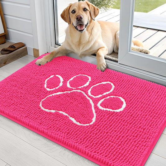 OLANLY Door Mat for Muddy Dog Paws 36x24, Ultra Absorbent Chenille Mud Doormat with Paw Print Design, Non-Slip Washable Doormat for Indoor Entryway, Quick-Dry Pet Bed Mats for Dirty Dogs, Hot Pink