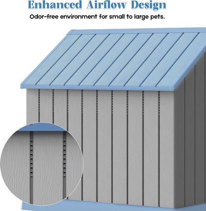 Large Dog House Outdoor Indoor for Medium Large Dogs, Durable Plastic Waterproof Doghouse with Air Vents and Elevated Floor, Easy Clean and Assemble (Blue, 36.2''L×38''W×38''H)