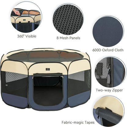A4Pet Collapsible Playpen, 39.5” Portable Dog Playpen with Bowl, Suitable for Puppies, Kittens, and Small Animals, Removable Zipper & Mesh Panel(16”W × 10”H)