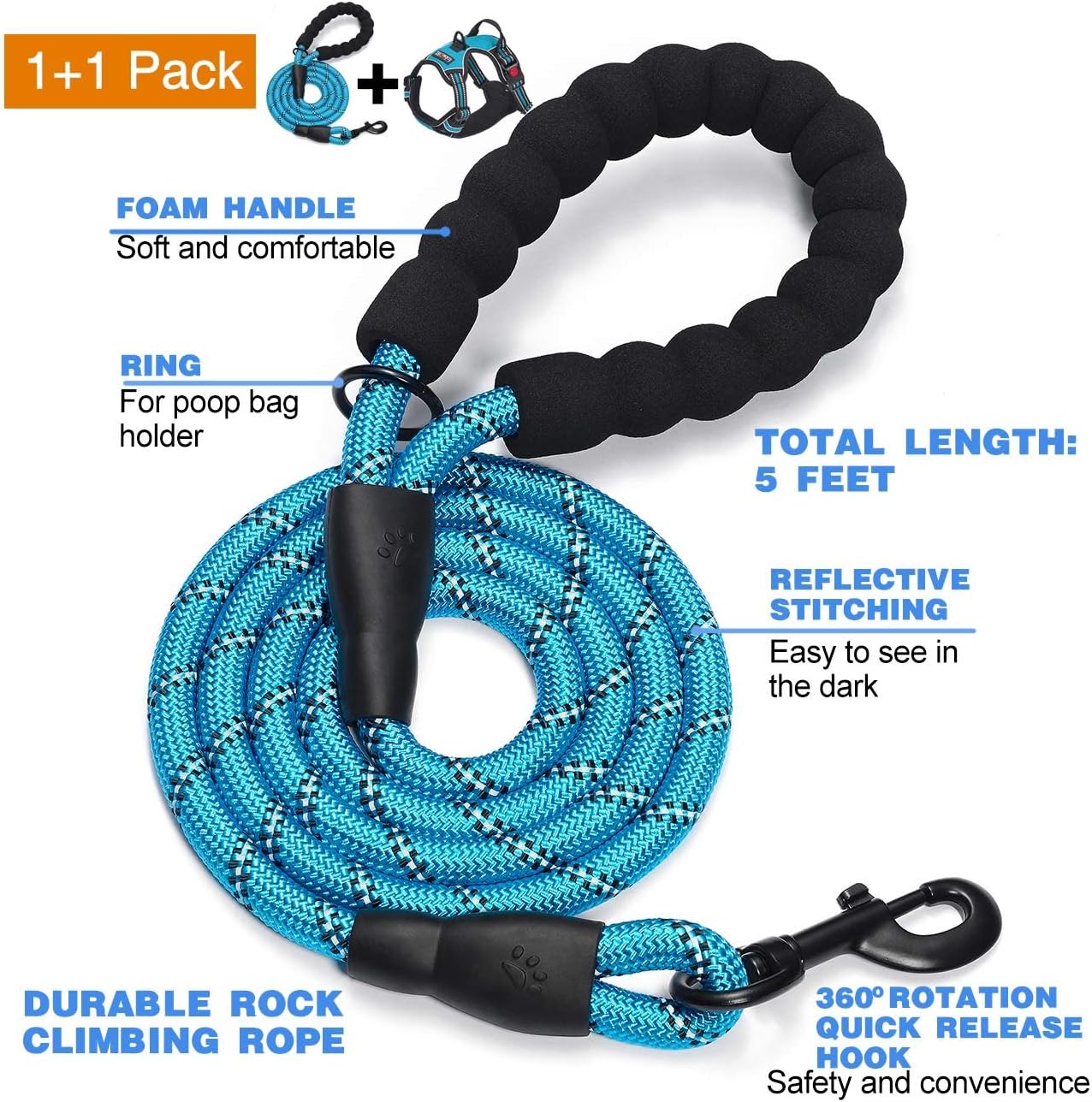 No Pull Dog Harness Adjustable Reflective Oxford Easy Control Medium Large Dog Harness with A Free Heavy Duty 5ft Dog Leash (L (Neck: 18"-25.5", Chest: 24.5"-33"), Blue Harness+Leash)