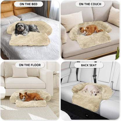 Calming Dog Bed Fluffy Plush Dog Mat for Furniture Protector with Removable Washable Cover for Large Medium Small Dogs and Cats (XS (31"x23.5"x5"), Beige)