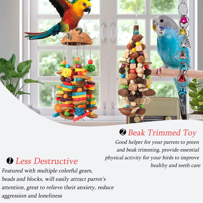 Bird Parrot Toys Natural Large Parrot Blocks Toy Colorful Bird Chewing Toys with Bells for Macaw Cockatoo African Grey Parakeets (Multicolor 01)