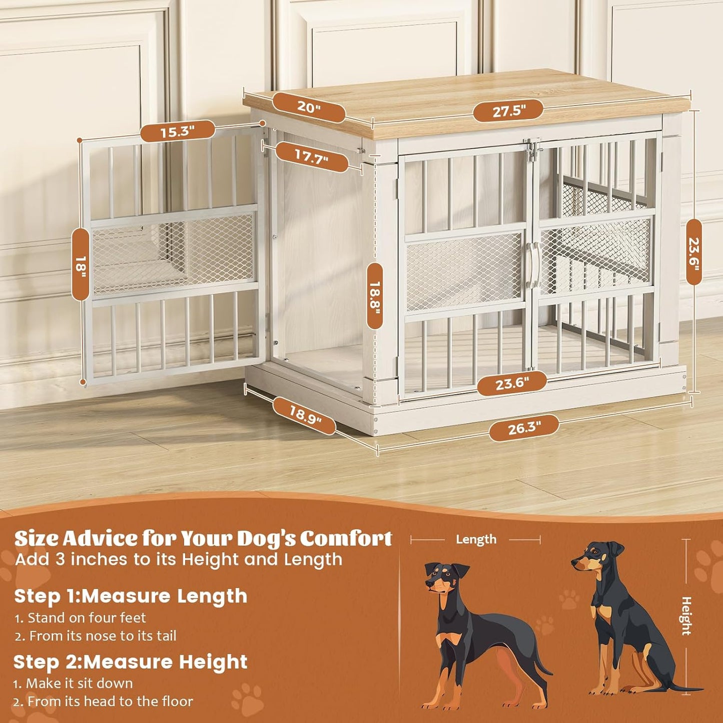 VOPEAK Dog Crate Furniture, Chew Resistant Dog Crate for Dogs, Heavy Duty Dog Crates Dog Kennel Cage Indoor with Double Doors, End Table for Bedroom Living Room (White, 27.5" L x 20" W x 23.6" H)