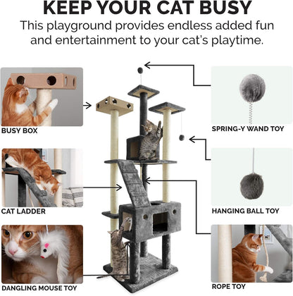 Furhaven 69.3" Tall Cat Tree for Indoor Cats, Ft. Sisal Scratching Posts, 2x Cat Condos, & Toys - Tiger Tough Double Decker Interactive Playground Tower - Silver Gray, One Size