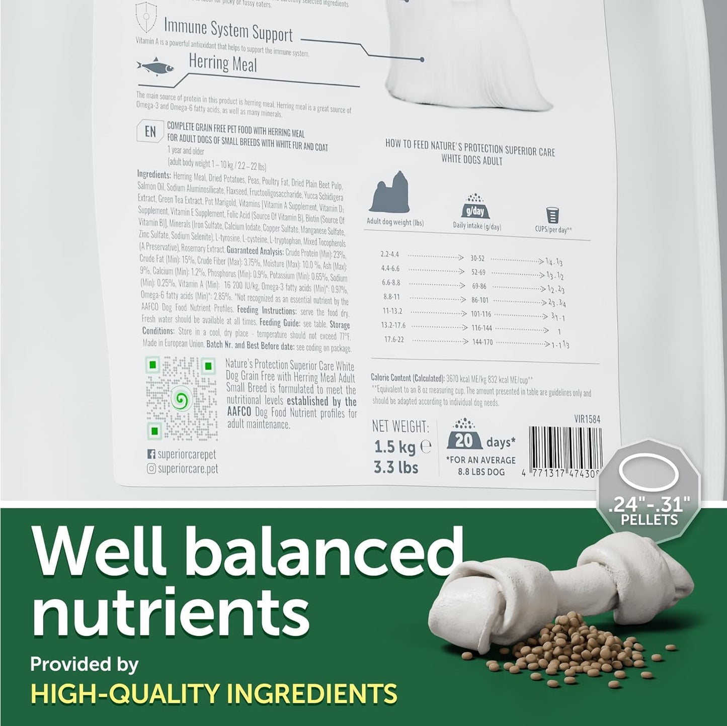 Nature's Protection Superior Care White Dogs Grain-Free Dry Dog Food - High Protein, Tear Stain Dog Food for Small & Mini Breeds Light Coated Adult Dogs, Fresh Pet Meal, Herring, 22 lb