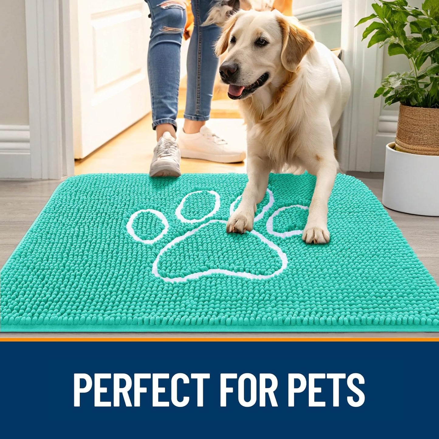OLANLY Door Mat for Muddy Dog Paws 30x20, Ultra Absorbent Chenille Mud Doormat with Paw Print Design, Non-Slip Washable Doormat for Indoor Entryway, Quick-Dry Pet Bed Mats for Dirty Dogs, Teal