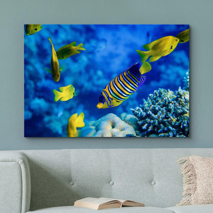 wall26 Canvas Print Wall Art Striped Yellow Tropical Fish Coral Reef Sea Nature Animals Photography Realism Rustic Scenic Landscape Wilderness Colorful for Living Room, Bedroom, Office - 16"x24"
