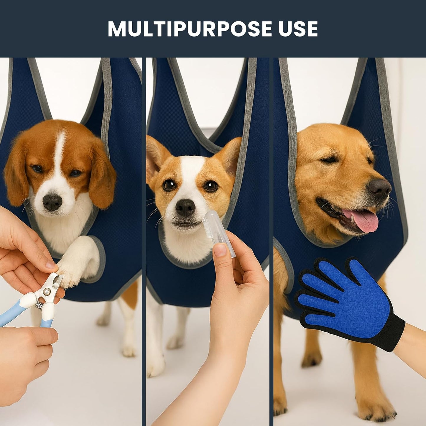 Pet Grooming Hammock Kit for Dogs & Cats - Includes Hammock Harness, Nail Clippers, Nail File, Grooming Glove, Dematting Comb, S-Hooks, Carabiners & Storage Bag for Easy Home Grooming Large (93×56) cm