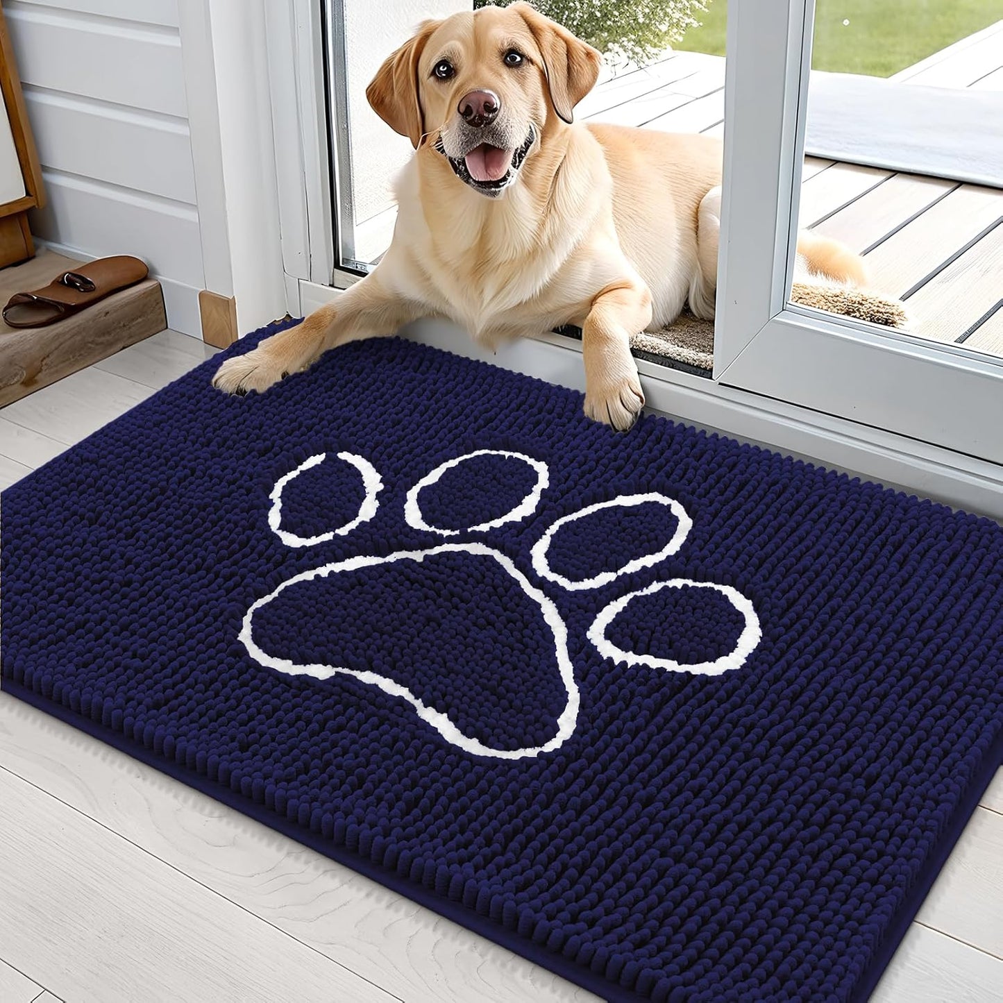 OLANLY Door Mat for Muddy Dog Paws 36x24, Ultra Absorbent Chenille Mud Doormat with Paw Print Design, Non-Slip Washable Doormat for Indoor Entryway, Quick-Dry Pet Bed Mats for Dirty Dogs, Navy Blue