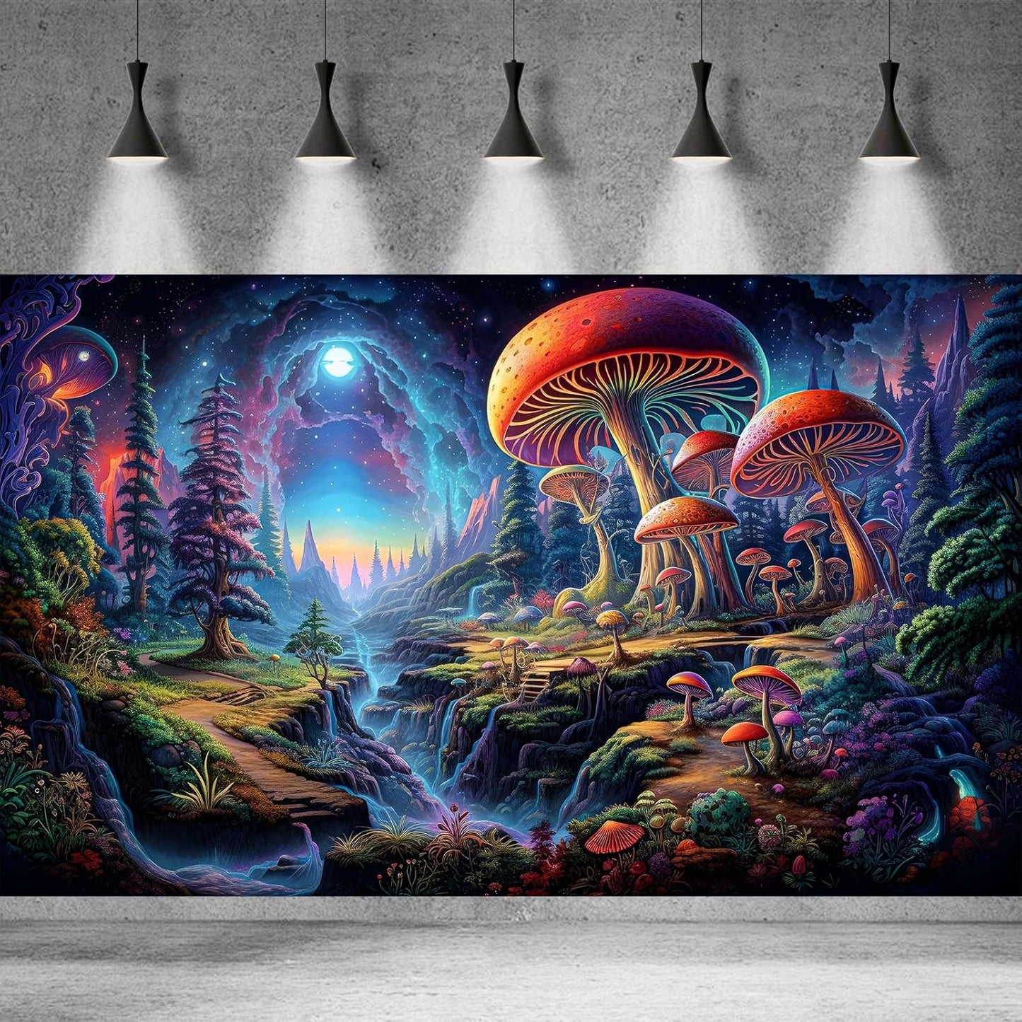 Forest Aquarium Background Fantastic Cartoon Forest Landscape with Mushrooms and Flowers Terrarium Background Fantasy Pine Tree Mysterious Mushroom Theme Fish Tank Backdrop Poster Decor 24x12in