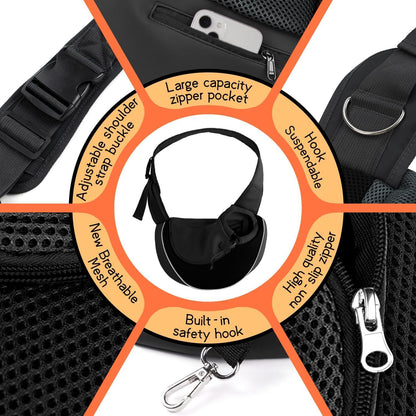 YUDODO Pet Sling Carrier for Small Dogs & Cats – Hands-Free Puppy Carrier with Safety Hook, Large Zipper Pocket, Soft Breathable Mesh, Adjustable Strap & Reflective Strip (Black 2.0 S)