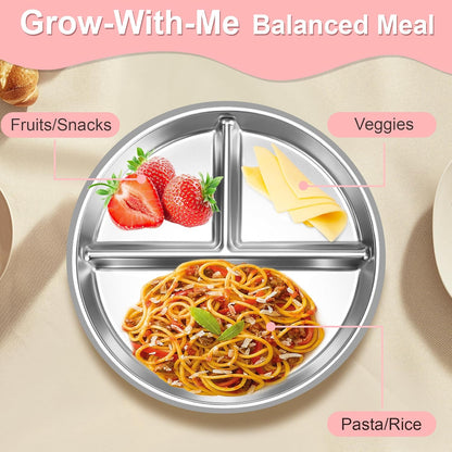 Stainless Steel Toddler Plates Silicone Suction,3 Packs Non-Slip Baby Plates,Divided Portion,Food-Grade Silicone Plate for Kids,LEAD-FREE Dishwasher Safe,Grey Green Pink