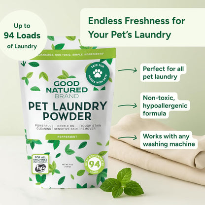 Good Natured Brand | Pet Stain & Odor Remover for Laundry | Pet Laundry Detergent for Dogs Beds, Cat Pee, Smell, Dog Drool | Hypoallergenic & Non-Toxic | Peppermint | 47oz 94 Loads