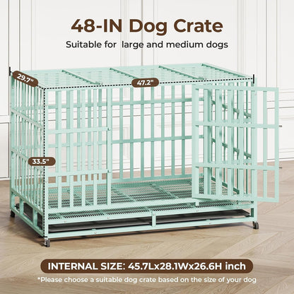 48IN Heavy Duty Dog Crate Steel Escape Proof, Indoor Double Door High Anxiety Cage Removable Tray, Extra Large,Green