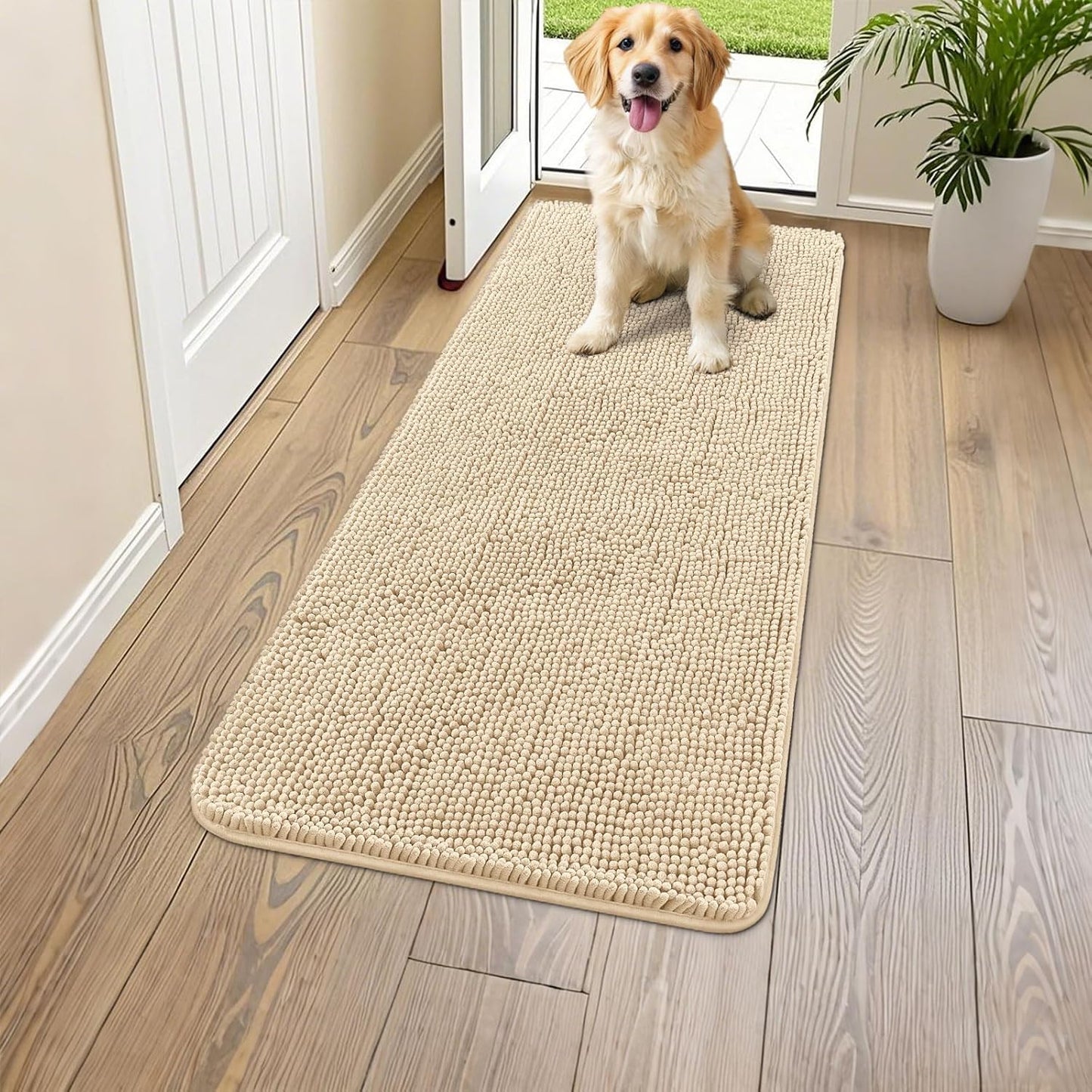 Smiry Dog Door Mat for Muddy Paws 47x17, Absorbs Moisture and Dirt Doormat, Non-Slip Washable Quick Dry Chenille Front Door Mat Indoor Entrance, Entryway Carpet for Inside Floor, Beige
