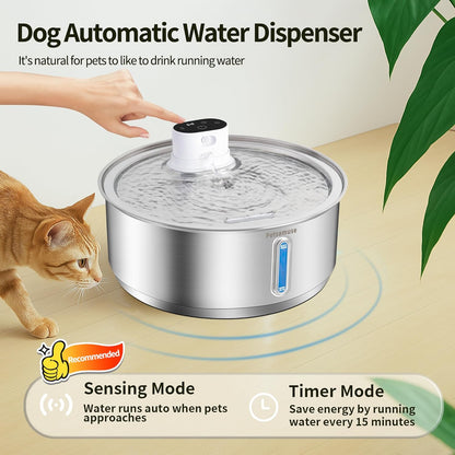 Stainless Steel Dog Water Fountain, 2.1Gal/8L Wireless Battery Operated Large Dog Water Bowl Dispenser Motion Sensor Water Fountain Dog Bowl Inside with 13 Filters and 2 Ultra Quiet Pumps