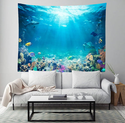 Underwater World Tapestry Blue Ocean Wall Hanging Under the Sea Coral Reef Wall Tapestry Tropical Fish Tank Undersea Tapestries Marine Wall Art for Bedroom Living Room Dorm Decor 118''x98''