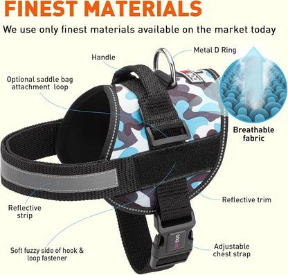 Dogline Dog Harness, Reflective No-Pull Adjustable Vest with Handle for Walking, Training, Breathable, No - Choke Harness for Small, Medium or Large Dogs Room for Patches Girth 27 to 34 in Blue Camo