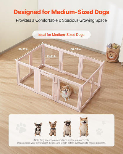 VEVOR Clear Acrylic Dog Playpen Indoor, 60x39x23 in Plastic Pet Playen for Medium Sized Dogs, Easy Assemble Waterproof Transparent Puppy Playpen, Easy to Clean, Durable Indoor Pet Dogs Cats Birth Kit