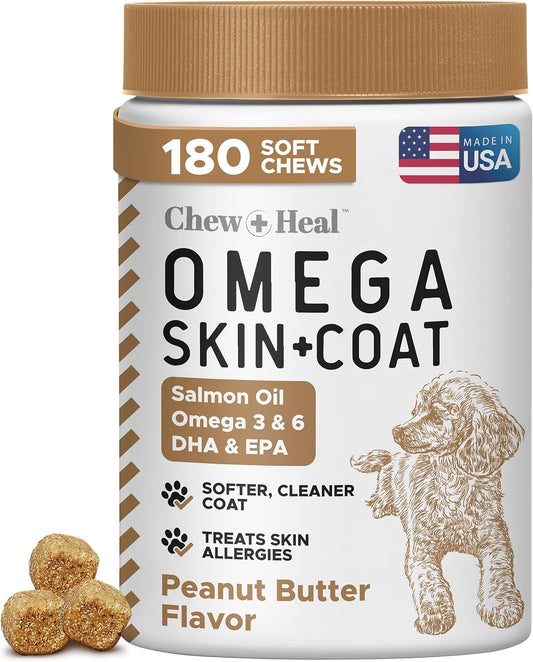 Omega for Dogs - 180 Delicious Soft Chews - Salmon Oil Treats for Skin and Coat, Itch Relief - Fish