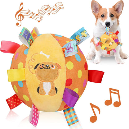 Dog Squeaky Plush Toy with Straps, 6-Inch Soft Stuffed Ball with Cotton Material and Bell Built-in, Pet Interactive Fetch Toy for Small to Large Dog