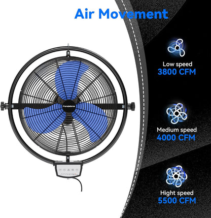 20 IN 5500 CFM Remote Control Wall Mount Fan, 3 Speed High Velocity Wall Fan with Timer, Oscillation & Tilting, Air Circulator for Garage, Commercial, Greenhouse, Warehouse & Gazebo Use, UL Listed