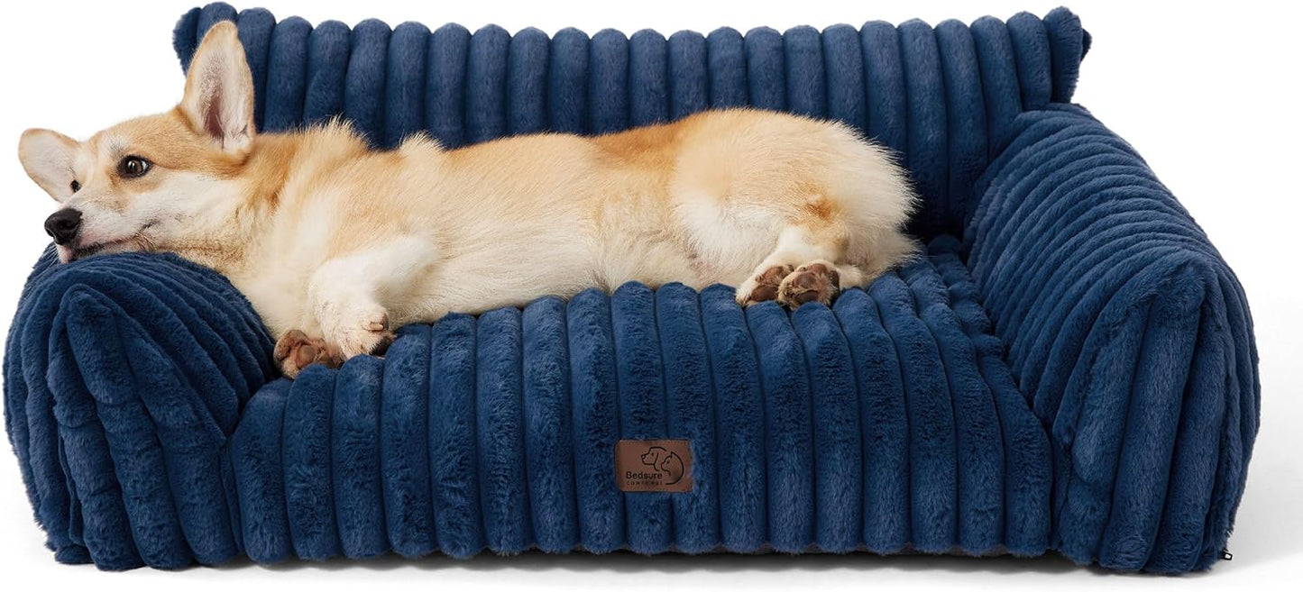 Bedsure Cute Dog Couch for Pets - Fluffy Dog Sofa with Premium Soft Corduroy Fleece, Pet Couch Bed with Washable Cover, Supportive Pet Sofa Bed for Medium Large Dogs, 36inch, Night Blue