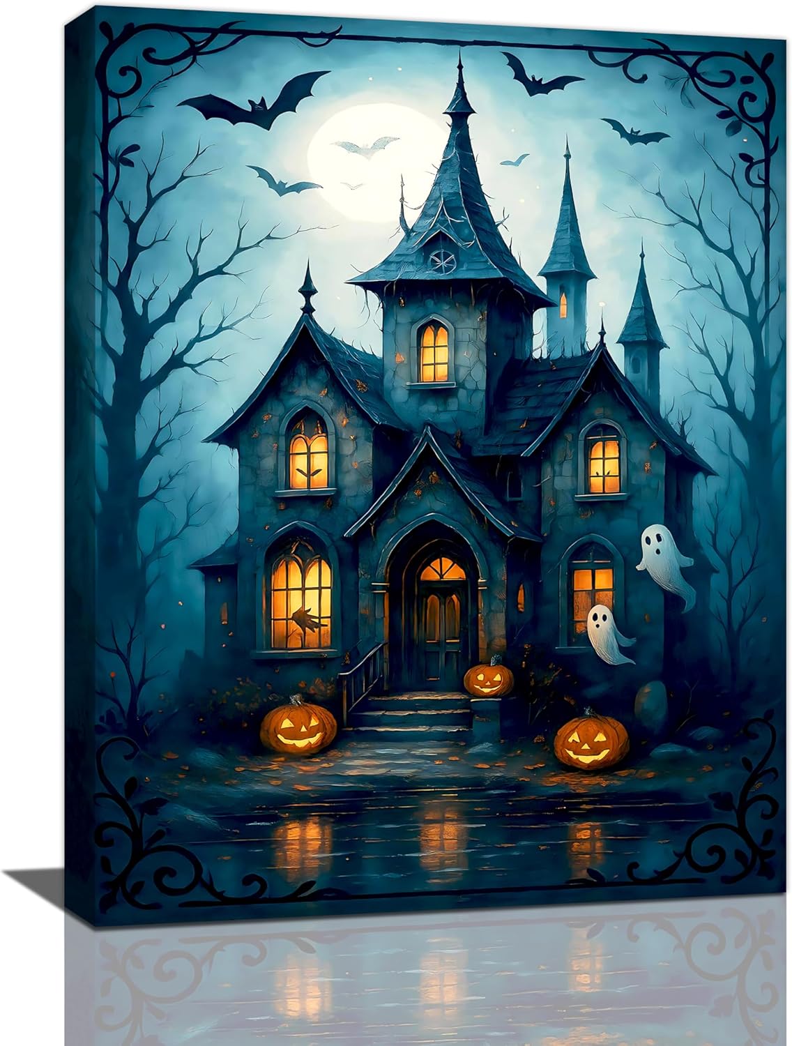 Halloween Gothic Wall Art Castle Pumpkin Ghost Bat Canvas Wall Decor Dark Academia Pictures Painting Print Framed Artwork Decorations Gifts for Halloween Living Room Bedroom Office 12"x16"