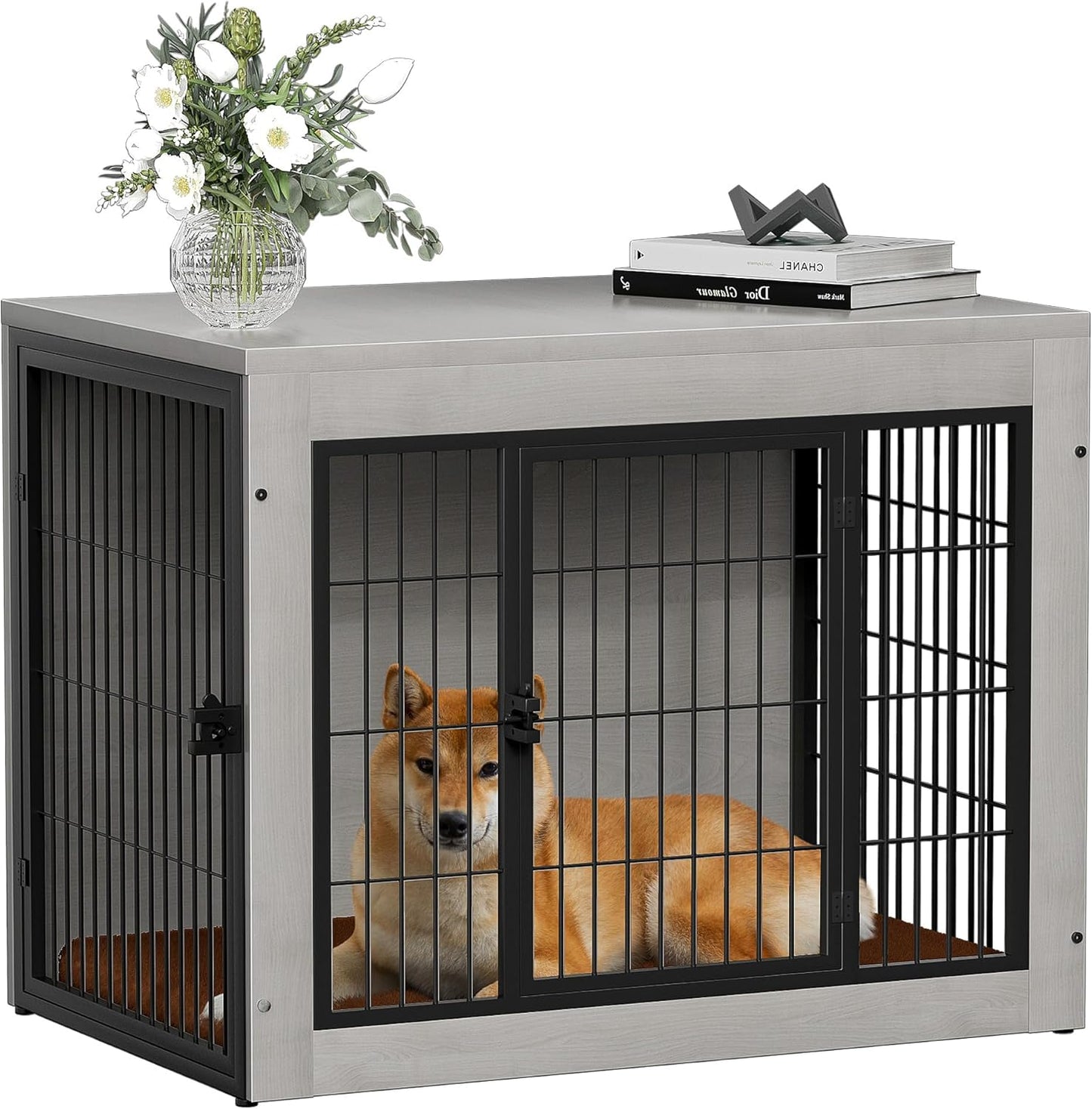 Bigrab Dog Crate Furinture with Thick Cushion, Side End Table Wooden Dog Cage with Double Doors, Chew-Resistant Dog Kennel Dog House Indoor for Small to Large Dog, M (Grey)