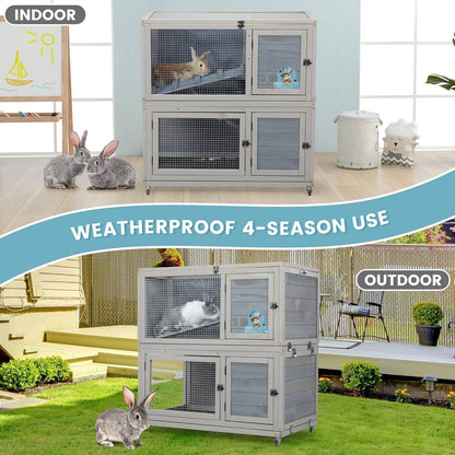 Weatherproof Wooden Rabbit Hutch for Indoor Outdoor Use, 2 Story Bunny Cage House with Wheels, Small Animal Shelter with Pull Out Tray, Non-Slip Ramp, Chicken Coop, Pet House Guinea Pigs Quail