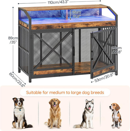 HOOBRO 43.3" Dog Crate Furniture, Heavy Duty Dog Kennel Indoor with Storage Shelves, Wooden Dog Cage with LED Lights, for Medium Large Breed, Rustic Brown and Black BF89DGW03