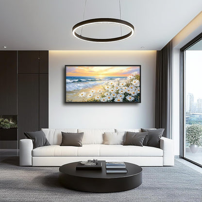 Large Beach Daisy Wall Art, Framed Coastal Beach Wall Decor for Living Room, Oversized Sunrise Canvas Painting Seascape Pictures Home Decoration for Living Room Bedroom Office 60"x30"