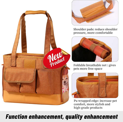 Cat Carrier, Dog Carrier, Pet Carrier, Foldable Waterproof Premium PU Leather Oxford Cloth Dog Purse, Portable Bag Carrier for Small to Medium Cat and Small Dog-Brown
