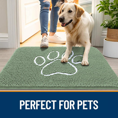 OLANLY Door Mat for Muddy Dog Paws 30x20, Absorbent Chenille Doormat with Paw Print Design, Non-Slip Washable Doormat for Indoor Entryway, Quick-Dry Pet Bed Mats for Dirty Dogs, Olive Green and White