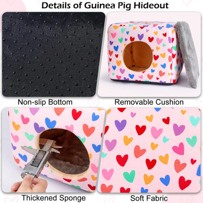 Bienbee Guinea Pig Hideout, Washable Guinea Pigs House Cozy Guinea Pigs Bed for Small Pet Bunny/Rabbit/Hamster/Chinchilla Guinea Pig Accessories Colorful Hearts