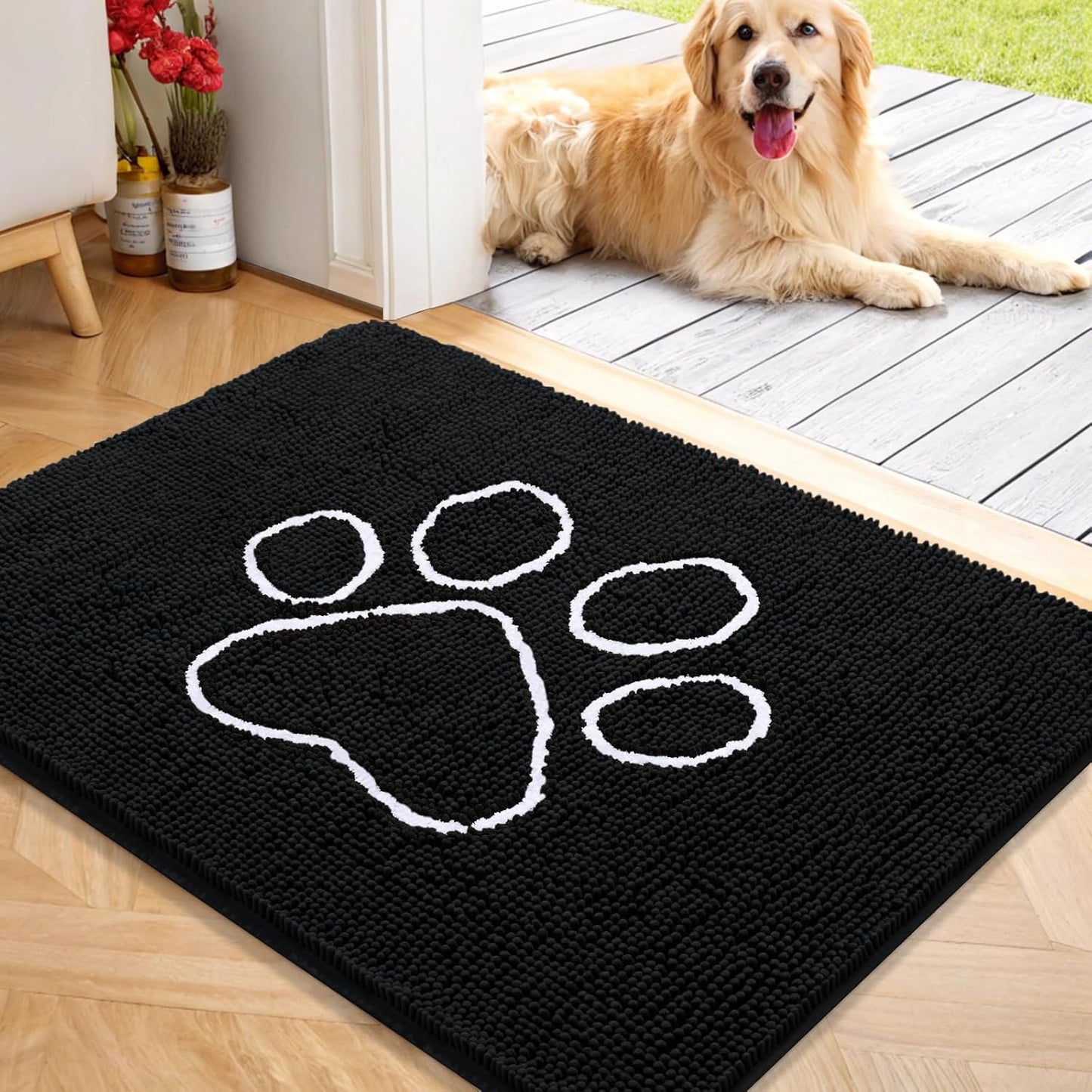 OLANLY Door Mat for Muddy Dog Paws 40x32, Ultra Absorbent Chenille Mud Doormat with Paw Print Design, Non-Slip Washable Doormat for Indoor Entryway, Quick-Dry Pet Bed Mats for Dirty Dogs, Black