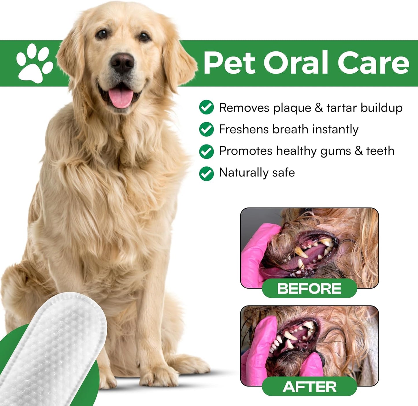 Dog Teeth Cleaning Wipes, Fights Plaque, Freshens Breath & Promotes Gum Health, No-Rinse Finger Toothbrush, Gentle & Naturally Safe, Completes Your Dog Tooth Brushing Kit, 50 Count