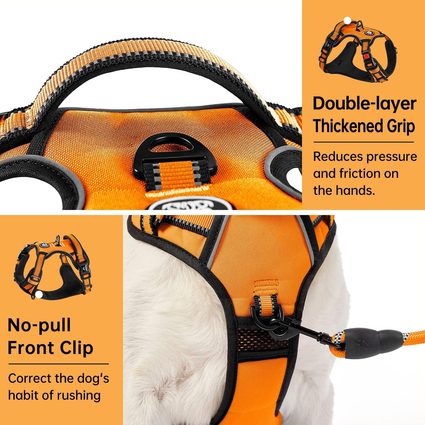 IVY&LANE No Pull Dog Harness for Large Dogs, Dog Vest Harness with Leash, Safety Belt and Storage Strap, Fully Adjustable Harness, 360° Reflective Strip, Soft Handle (Orange, L)