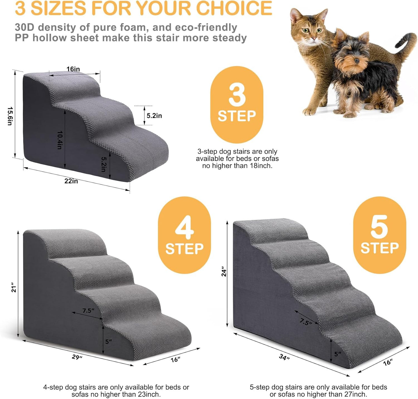 Dog Stairs for Bed, 5 Tier Dog Steps for Couch and High Bed, Non-Slip Pet Stairs, 24" High Sofa Foam Ramp - Best for Small Pets, Older Cats with Joint Pain