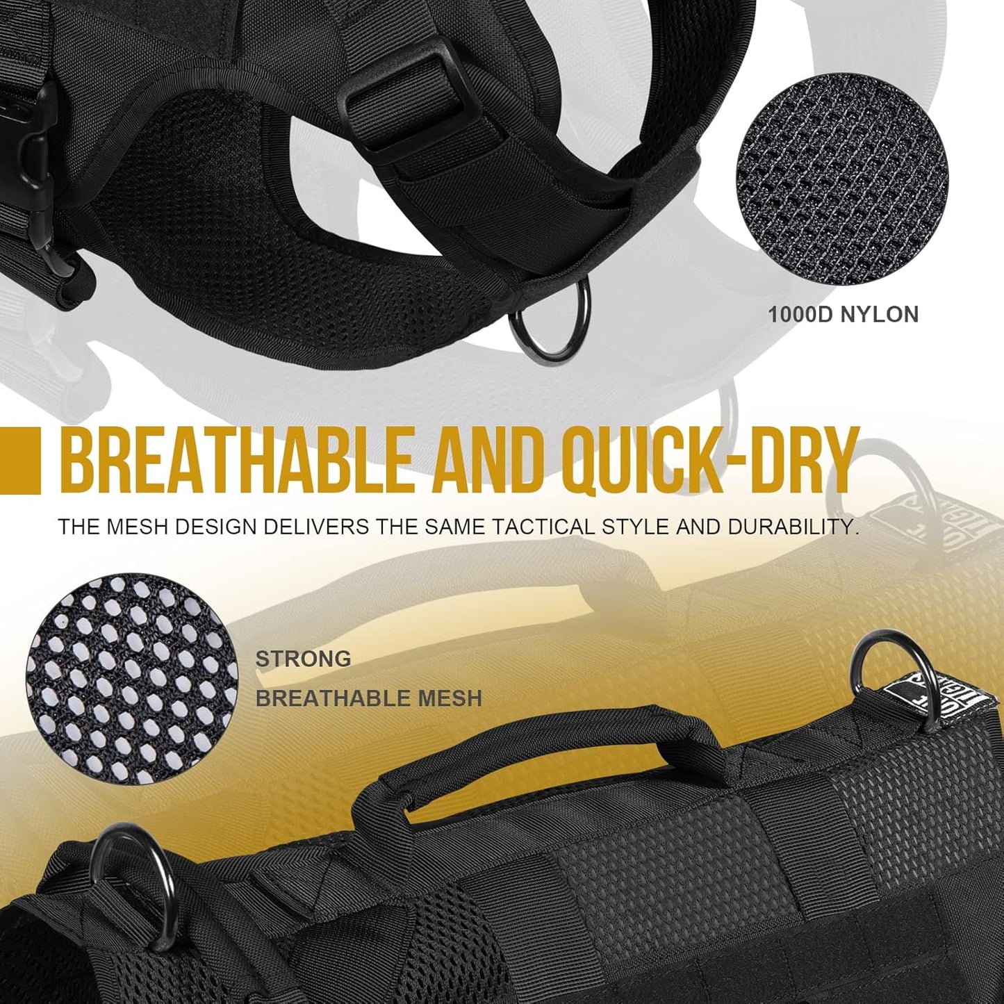 OneTigris No Pull Tactical Dog Harness for Medium Dog, Aire Mesh Dog Vest Harness, Breathable Military Dogs Molle Vests with Handles, Service Dogs Vest for Walking Hiking Training (M, Black)