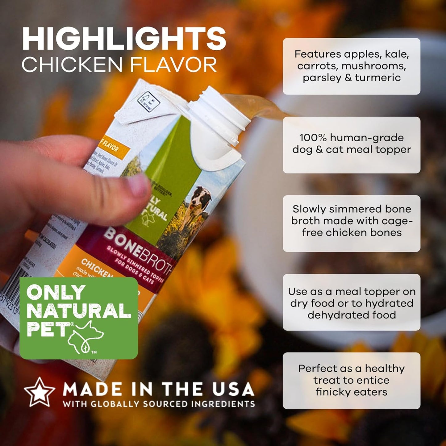 Only Natural Pet Bone Broth Chicken Flavor Dog & Cat Meal Topper, 100% Human-Grade Slow-Simmered, Free-Range for Dry Food or to Hydrate Dehydrated Food - (2-Pack / 11.16 oz Each)