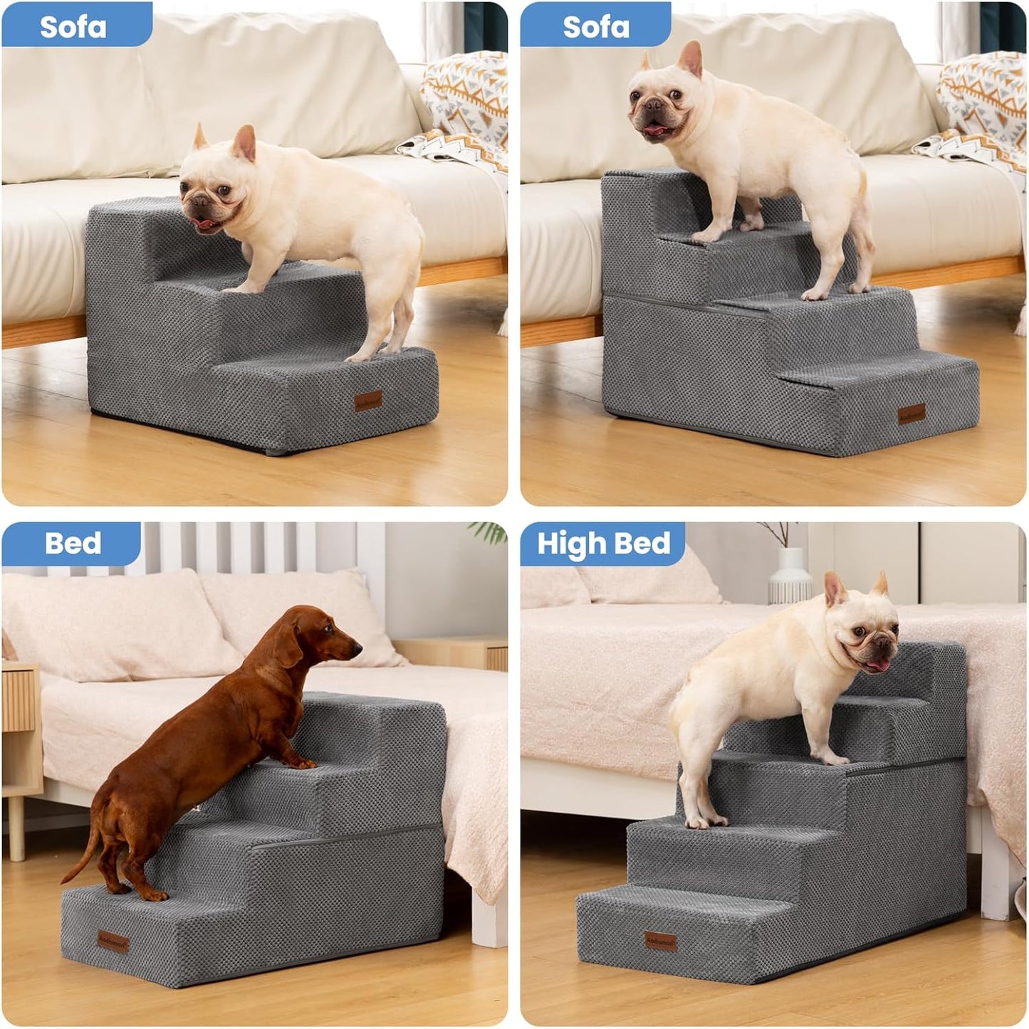 Dog Stairs for Small Dogs & Cats, 3-Step Non-Slip Pet Steps for Couch Sofa and Chair, Grey, 13.6" H