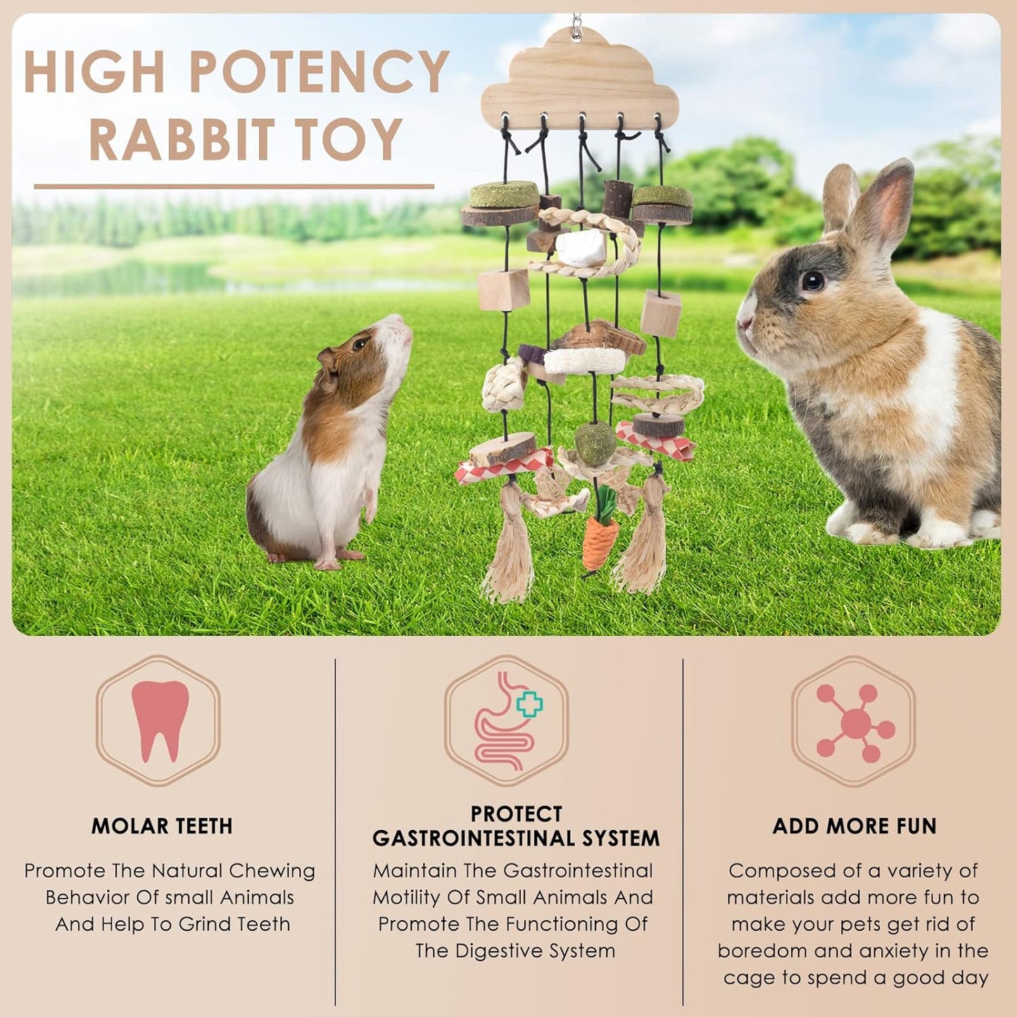 Bissap Rabbit Chew Toy, Bunny Cage Hanging Chew Toys and Treats Wooden with Snacks for Guinea Pigs Chinchillas Hamsters Rats and Other Small Pets Teeth Grinding