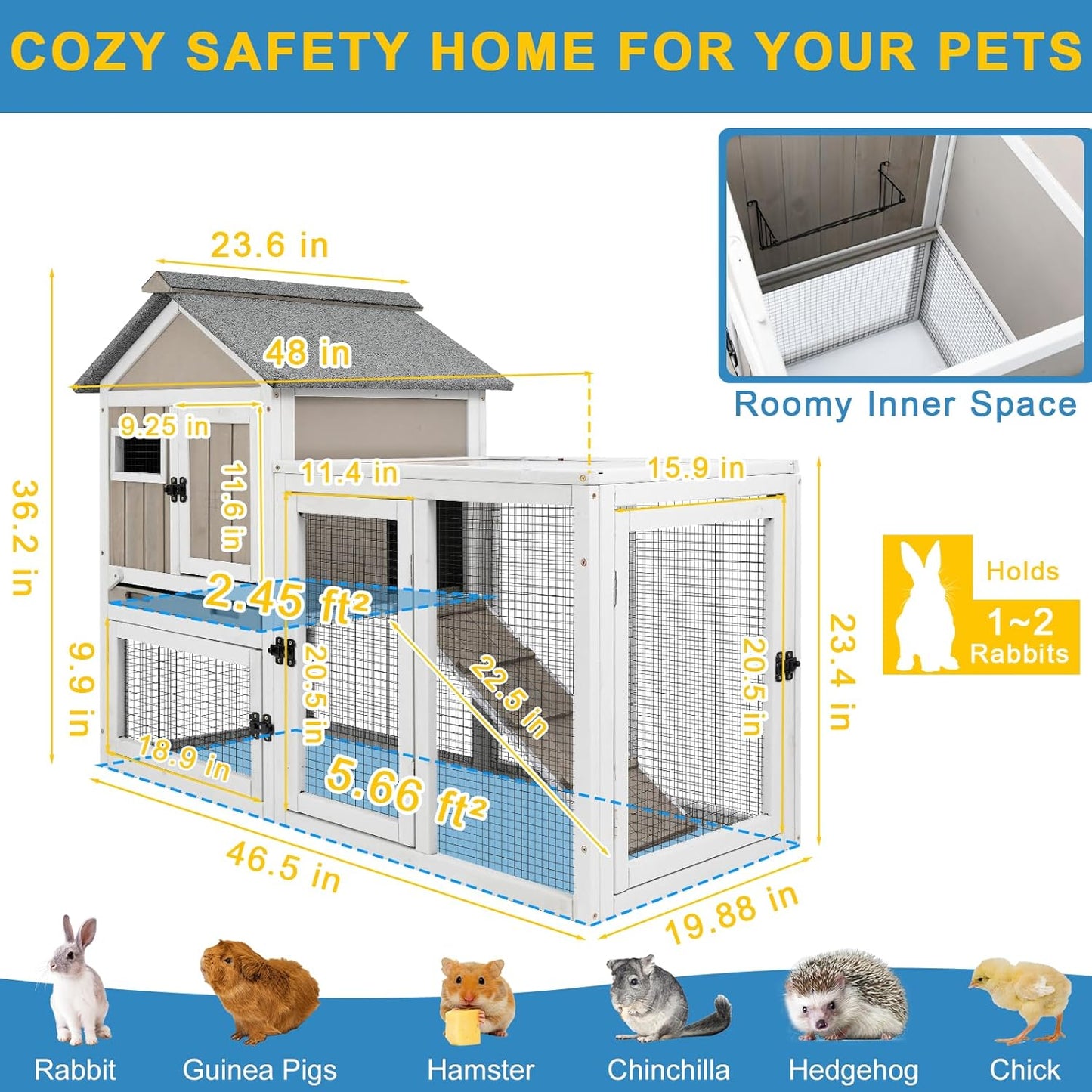 48" L Rabbit Hutch Outdoor Indoor Bunny Hutch Weatherproof, 2-Story Wood Rabbit Cage with Deep Tray, Chew-Resistant Ramp, UV Roof, Bunny House for Small Animal, Expandable Guinea Pig Cage