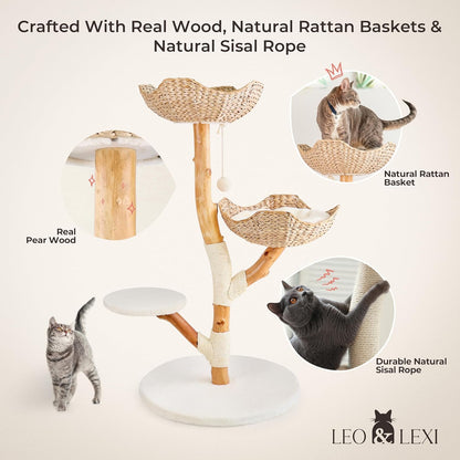 Real Wood Modern Cat Tree Tower, Cat Scratching Post with Bed for Indoor Cats Large Adult, Solid Wooden Climbing Tower, Cute Wicker Condo, Aesthetic Stand, Boho Luxury Pet Furniture