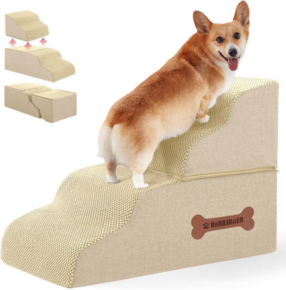 Dog Stairs 4 Steps for Small Dogs and Cats to Get on High Beds, Couch or Car, Pets Can Climb, Sit, Lie Down or Perch to Look Out Windows on The Spliceable Ramp, Provides Support, Beige（19" H）
