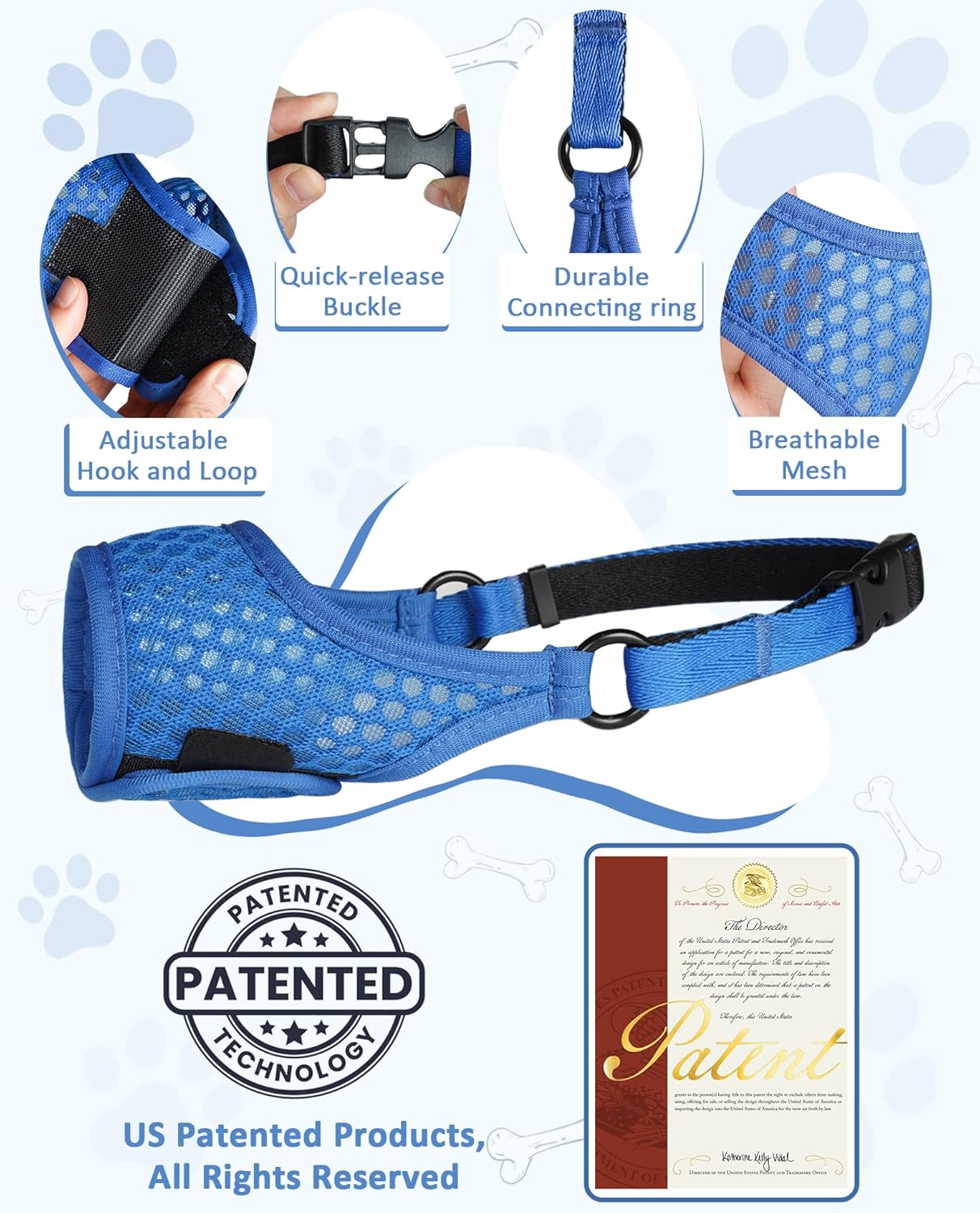 LUCKYPAW Dog Muzzle, Soft Muzzles for Large Medium Small Dogs to Prevent Biting Chewing with Ring and Adjustable Strap for Vet Visit Training (Blue, S)
