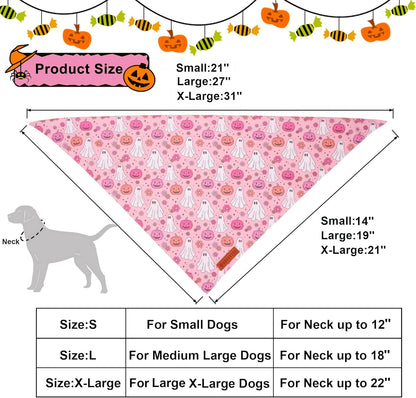 ADOGGYGO Halloween Dog Bandana, Pink Pumpkin Ghost Scarf, Adjustable Fit Female Halloween Bandanas for Small Dogs Puppies (Small)