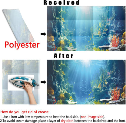 36X20IN Blue Sea Floor Aquarium Background, Natural Underwater World 3D Effect Fish Tank Decorations Background, Art Terrarium Background with 8 EVA Double-Sided Tape